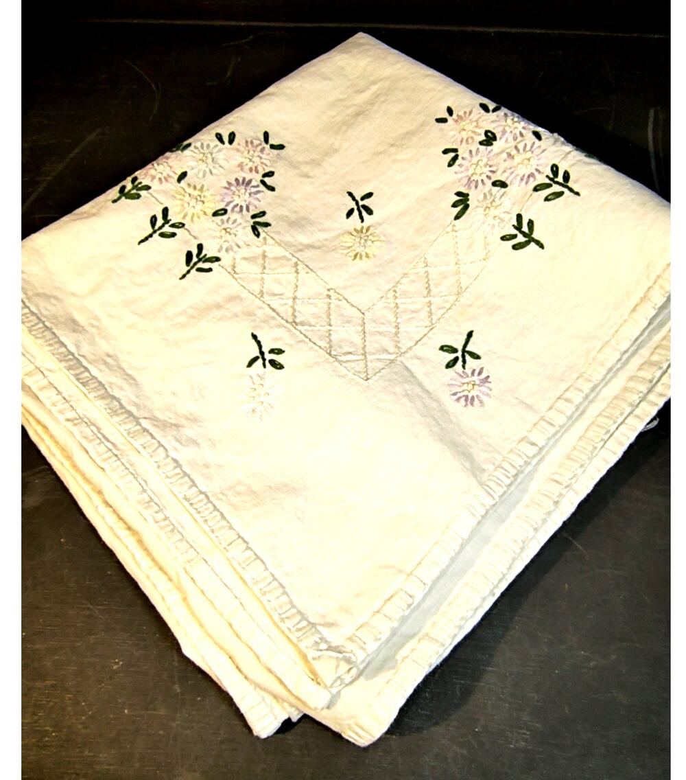 1628.  White Cotton Tablecloth Embroidered 32 x 32